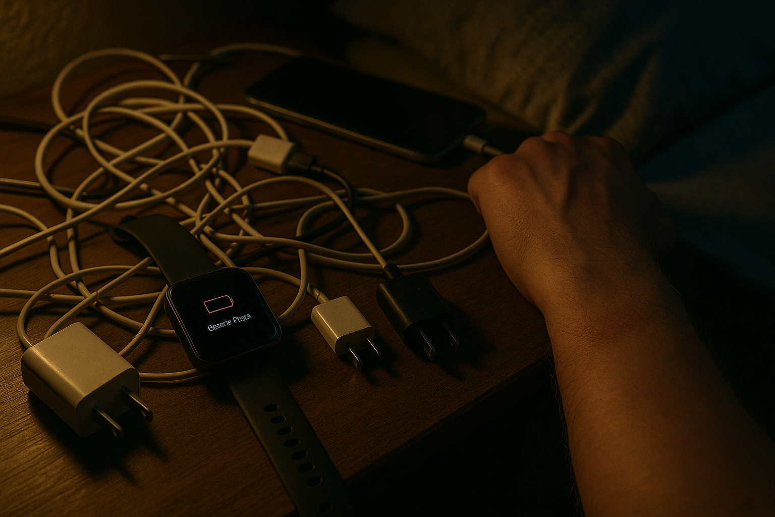 A cluttered nightstand with a smartwatch charging, symbolizing daily frustration.